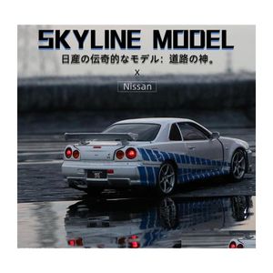 Modellini di auto da 1 a 32 Nissan Skyline Ares Gtr R34 Lega di auto sportive Fonde sotto pressione Giocattolo in metallo Alta simulazione Suono Luce Regalo per bambini Dhnes