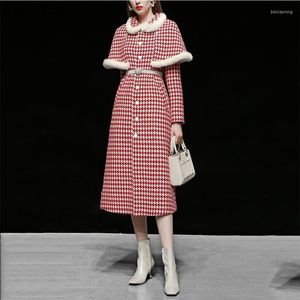 Women's Wool Fall Winter Woolen Coat Women's Retro Red Cloak Fashion Outwear Female Waist Elegant Dress Jacket Houndstooth Overcoat