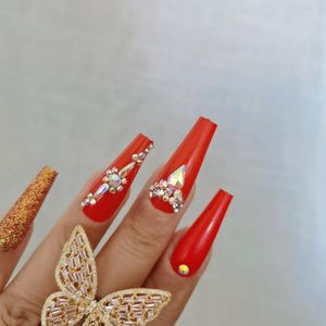 False Nails 24sts senaste lyxiga smycken Ballet Coffin Fake Nail Crystal Diamond Sexy Red