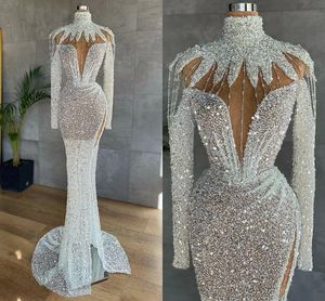 Luxurious White Arabic Split Prom Dresses Luxury Beading Sequined High Neck Long Sleeve Women Plus Size Formal Evening Gowns on Sale