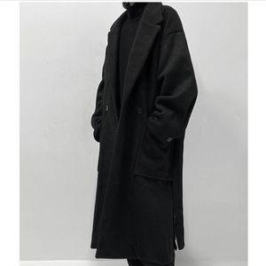 Men's Wool Blends Men's Medium And Long Coat Black Slim Belt Lace Up Autumn And Winter Dark Thickened Youth Large Wool Coat Fashion Trend 221208