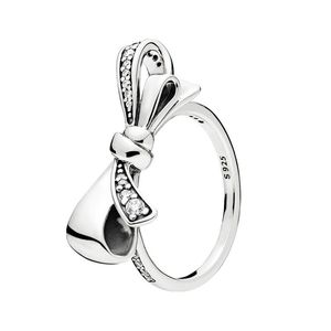 Real Sterling Silver Sparkling Bow Ring for Pandora CZ Diamond Fashion Party Jewelry For Women Girls Girlfriend Gift Rings with Original Box Factory wholesale