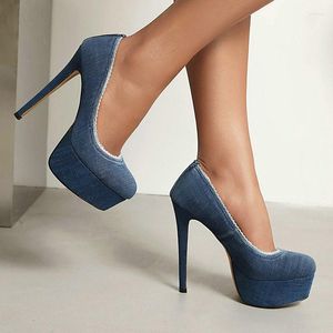 Dress Shoes Denim Jeans Fabric Super Thin High Heels Closed Toe Blue Platform Sexy Lady Office Pumps Size 33-43 Womens Stiletto