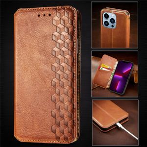 Pl￥nbokstelefonfodral f￶r iPhone 14 13 12 11 Pro Max X Xs XR 7 8 Plus Retro Fashion Magnetic Adsorption Pu Leather Flip Stand Cover Case med kortplatser