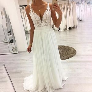 Simples uma linha vestidos de noiva nova manga renda aplique v pescoço no pescoço piso vestidos de noiva vestidos de festa