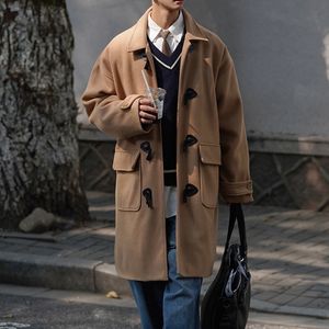 Misturas de lã masculina 2023 homem estilo japonês moda chifre botão jaqueta longa mistura de lã manga comprida casaco masculino roupas casuais inverno outwear streetwear