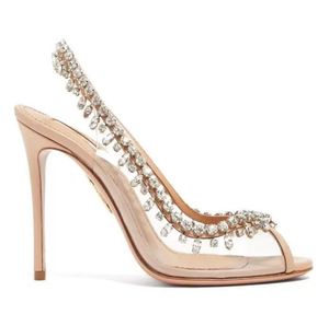 Aquazzura Womens Designers Sandálias de alta qualidade saltos de saltos Crystra Buckle Sapatos de vestido de noiva Sapatos de salto Sexy Back Strap PVC Couro sola Sand9998450