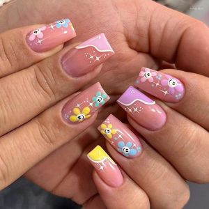 False Nails 24pcs Medium Ballerina Press On Cute Smile Flower Detachable Full Cover Artificial Fingernails Fashion