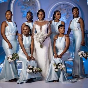 Sexy African Nigerian Light Blue Mermaid Bridesmaid Dresses For Women Applique Plus Size Jewel Neck Floor Length Wedding Guest Party Gowns for Weddings