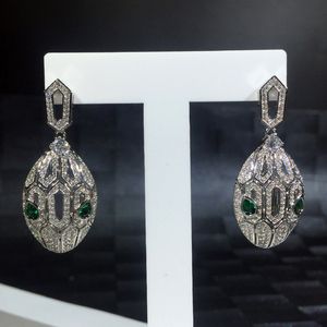 Luxury brand jewelry snake earrings for women fashion design animal 925 sterling silver silver color drop snake earrings with green eyes