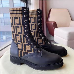 Fashion Boots Fall Winter Brown Knit Sock Flats Ankle Jacquard Stretch Knit Soe Up Leather Combat Booties Luxury Designer Factory Casual Work Stitch Stitch