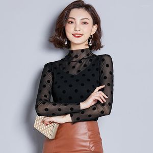 Kvinnors blusar 2022 Autumn Winter Turtleneck Fashion Tunic Women Blus Slim Fit Shirts L￥ng￤rmlig formell Black Dot Print Tops