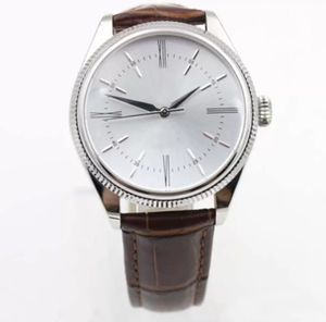 Luxury Cellini 50509 Mekaniska läder Mens Silver Watch Brown Strap Series Automatisk Mechaincal Silver Dial Men Watches Manliga armbandsur