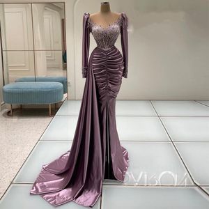 Purple New Arrival Evening Dresses V Neck Long Sleeves Satin Floor Length Beaded Pearls Shiny Sequins Appliques Folds Celebrity Prom Dress Formal Plus Size Tailored