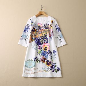 2023 Spring White Floral Print Beaded Dress 3/4 Sleeve Round Neck Sequin Knäslängd Casual Dresses S2D072323