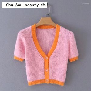 Frauen Strick 2022 Koreanischen Stil Rosa Strickjacke Frauen Herbst Süße Schlank Einreiher V-ausschnitt Crop Top Frau Gestrickte Pullover