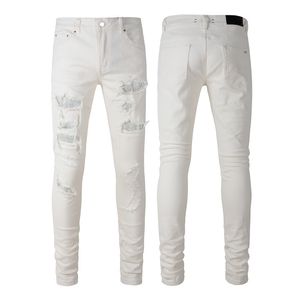 Мужские белые расстроенные джинсы уличная одежда Slim Fit Stretch поврежденные отверстия с хрустальными пятнами страза