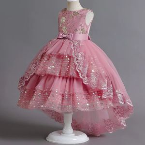2023 Erröten Rosa Spitze Perlen Blumenmädchenkleider Tutu Pailletten Kleines Mädchen Hochzeitskleid Erstkommunion Pageant Kleid Kleider
