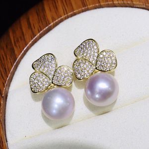 Orecchini pendenti Perla d'acqua dolce 10-11mm Quasi tondo Keshi Bianco/rosa/nero/oro Color Flower Zircon Stud