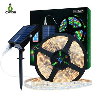 Solar Powered LED Strip Decoration Ribbon Lights Warm White RGB Flexible Strips IP67 Waterproof 1200mah battery 9.8ft 13.1ft 16.4ft