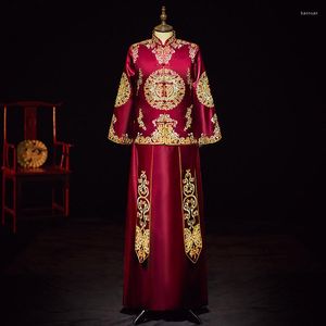 Ethnic Clothing Vintage Men Champagne Embroidery Qipao Chinese Traditional Bridegroom Wedding Dress Male Marriage Tang Suit