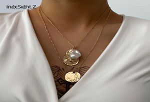 Colares pendentes ingesightz punk imitação de várias camadas de pérola colar colar de colar de ouro moeda esculpida para jóias femininas14682297