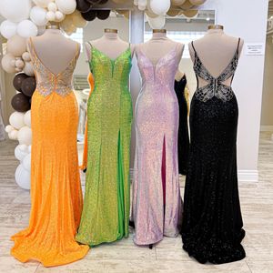 Sequin Prom Dress 2023 Cutout Slit Side Fitted Crystals Butterfly Winter Formal Evening Wedding Party Gown Pageant Gala Runway Red Carpet Orange Green Black Lilac