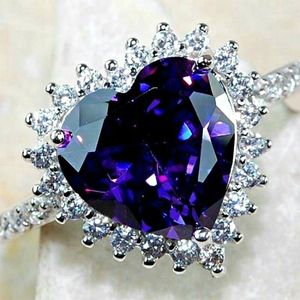 Fedi nuziali Amante romantico Grande anello cuore viola Intarsio color argento CZ Pietra Fidanzamento Festa vintage per le donne