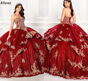 Burgundy Shinny Sequined Princess Quinceanera Dresses Sweetheart Sexy Corset Back Ball Gown Sweet 16 Girls Gold Appliques Formal Prom Vestidos De Festa CL1587