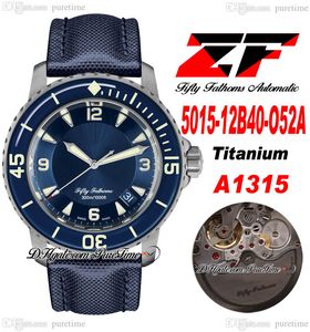 ZF Fifty Fathoms 5015-12B40-O52A A1315 Mens Automático Relógio 50 Fathoms Titanium Case Blue Dial Blue Sailvas Strap Super Edition Puretime A1