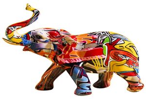 Kleurrijke olifantenfigines Hars Arts Dierlijke standbeeld Sculptuur rijkdom Lucky Figurine voor thuis esthetische decoraties6691885