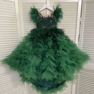 Emerald Green Glitter Flower Girls 'Dresses Tiere Feather Kids Christmas Party Gown Beading Tulle Child Pageant Dress 326 326