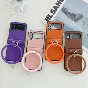 Faltenarmband -Vogue -Telefonhüllen für Samsung Galaxy Z Flip3 Flip4 5G Dauerhafte Feste Farbe Vintage Leder Schutzschale Schockdicht