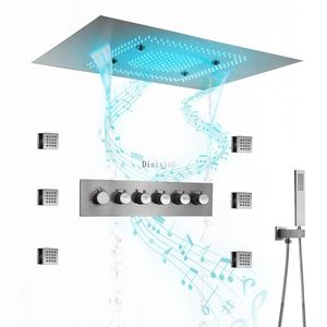 Ceiling Mounted LED Music Shower Head 600X800mm Bathroom Rainfall Waterfall Misty Thermostatic Shower Faucet With Body Jet