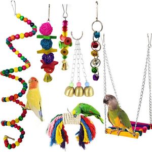 7pcs/set Parrot Bird Bite Toy Bird Chew Toys Parrot Parakeet Funny Swing Ball Bell Standing Training Bird Supplies
