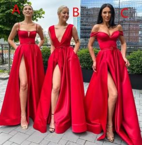 A Line Red Bridesmaid Dresses Mixed Styles Floor Length Side Slit Wedding Guest Dress Satin Plus Size Maid Of Honor Gowns