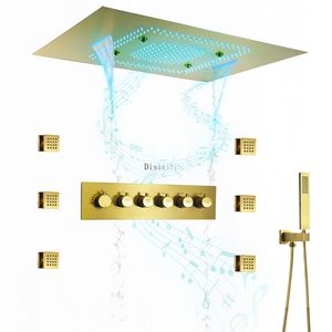 럭셔리 욕실 샤워 시스템 24x32 인치 LED 샤워 헤드 음악 스피커 미스트 비 및 폭포 온도 조절 샤워 세트