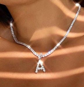 26 Letra Colar inicial Chapa de t￪nis de cor prata para mulheres Declara￧￣o Bling Cristal Alphabet Colar Jewelry Jewelry7768512