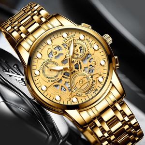 Wristwatches Gold Watch Men Quartz Wristwatch Fashion Stylish Hollow Gear Stainless Steel Waterproof Male Mens Clock Watches Relogio Masculi