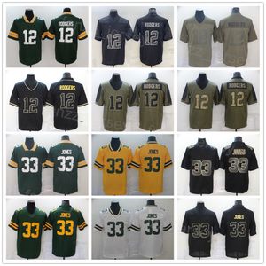 Men Football 33 Aaron Jones Jersey 12 Aaron Rodgers Army Green Salute To Service Turn Back The Clock Color Rush Hyphenation Smoke Stitched Team Black Yellow White