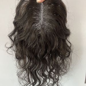Wavy Silk Skin Base Topper Human Hair Toupee European Toppers Virgin Extension med 4 klipp f￶r skikth￥r 15x16 cm 6x6 tum