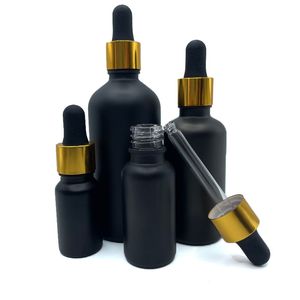 Matt svart glas eteriska oljeflaskor med guld￶gonfallslock 5 ml 10 ml 15 ml 20 ml 30 ml 50 ml 100 ml hudv￥rd serumflaska