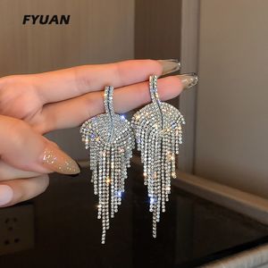 Long Tassel Full Rhinestone Drop Earrings Gold Color Leaf Dangle Earrings for Women Fashion Jewelry Accessories