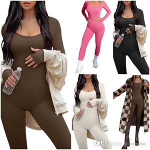 Women Jumpsuits Designer 2023 New Slim Sexy High Elastic Seamless Solid Bodysuit Tight Waistband Long Sleeve Vest Ladies Rompers 4 Colours