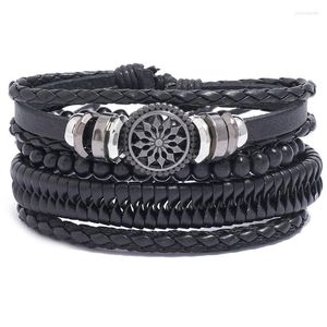 Link Bracelets 4Pcs/ Set Braided Wrap Black Leather Bangle For Men Women Vintage Charm Wood Beads Ethnic Tribal Wristbands E485
