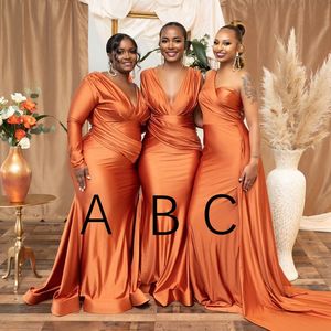 Sexy African Nigerian Plus Size Mermaid Bridesmaids Dresses V Neck Pleats Floor Length Satin Maid of Honor Gowns Wedding Guest Party Dress Custom Made