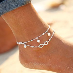 Anklets Summer Vintage Foot Jewelry 8 Chain Simulated-Pearl Women Gold Color Color Sleglem for Leg Beach