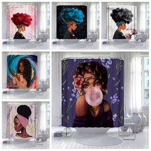 Cortinas de chuveiro adorável menina africana cortina azul preto cabelo explosivo flor roxa base branca base água impermeável banheiro impresso