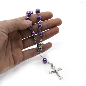 Link Bracelets Religious Imitation Pearls Rosary Beads Bracelet Christ Cross Pendant For Women Men Car Hanging Prayer Jewelry Gift