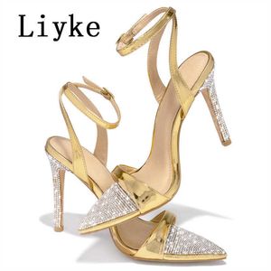 Rhinestones Glitter Ladies Seksowne obcasy moda liyke wysokie sandały Summer kryształ spiczasty palec palenia ślubne buty buty kobiety t221209 57